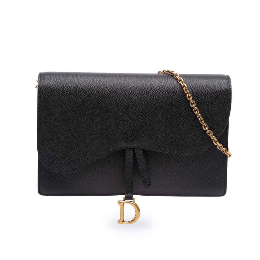 Dior Grained Calfskin Saddle Chain Pouch Black Leather Good condition - Front View