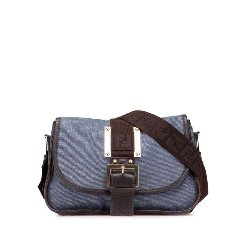 Fendi Zucca Trimmed Denim Buckle Flap Bag Blue Denim Good condition - Front View