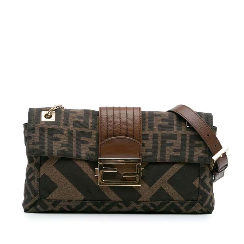 Fendi Zucca Canvas and Leather Chain Maxi Baguette Brown Canvas Good condition - Front View