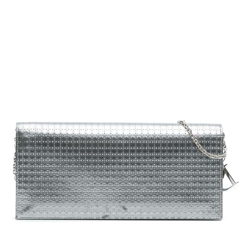 Dior Metallic Patent Microcannage Lady Dior Croisiere Chain Clutch Silver Leather Good condition - Front View
