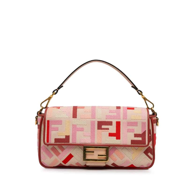 Fendi Zucca Embroidered Baguette Satchel Pink Canvas Good condition - Front View