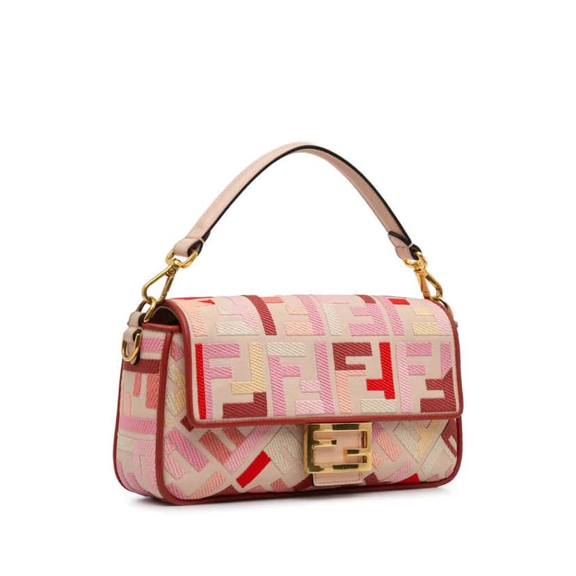 Fendi Zucca Embroidered Baguette Satchel Pink Canvas Good condition - Back View