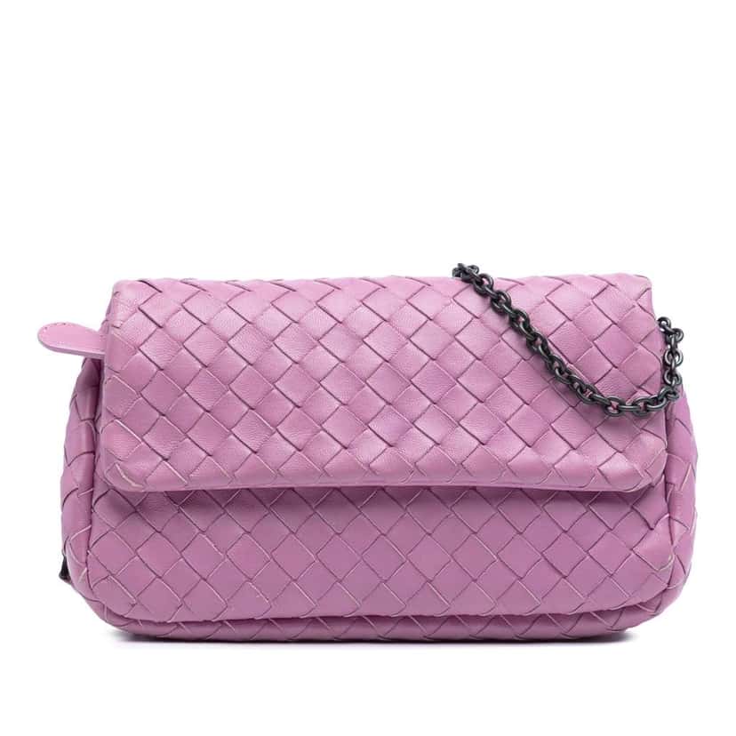 Bottega Veneta Mini Nappa Intrecciato Expandable Chain Flap Crossbody Pink Leather Good condition - Front View