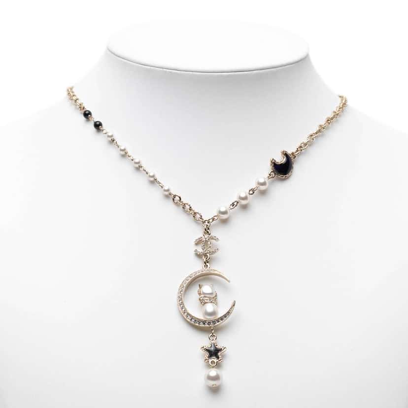 Chanel Gold Plated CC Rhinestones and Faux Pearl Sun Moon Cat Pendant Necklace Gold Metal Good condition - Model View