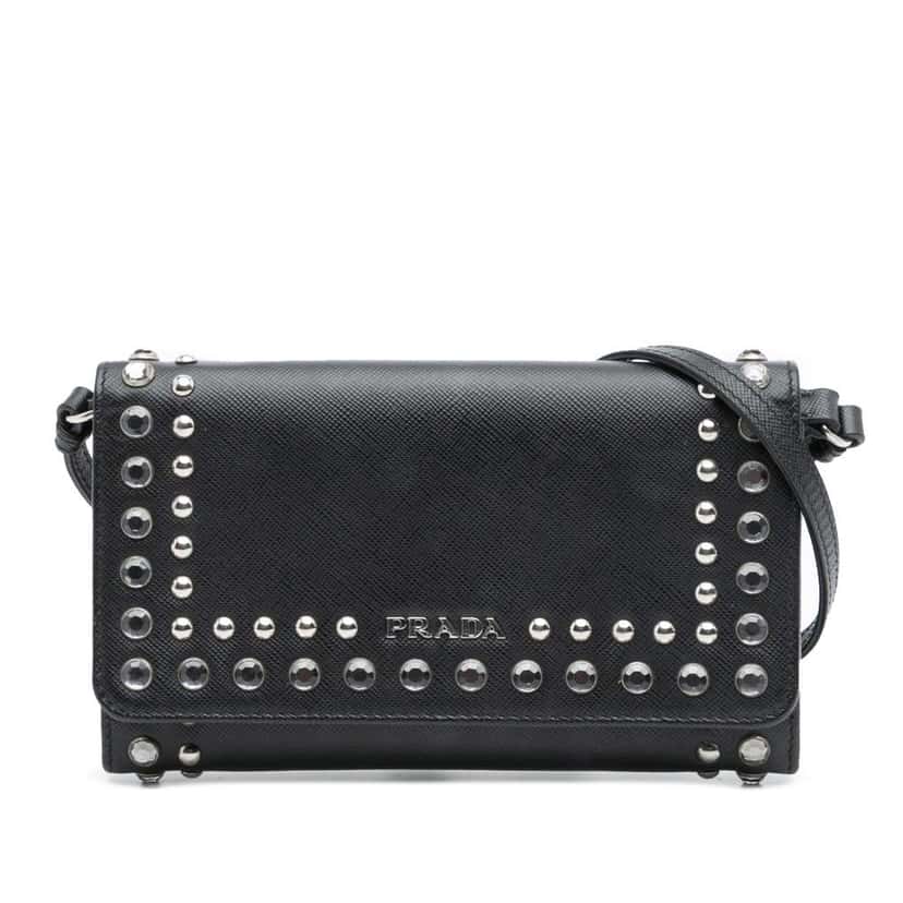 Prada Saffiano Crystal Studded Wallet on Strap Black Leather Good condition - Front View