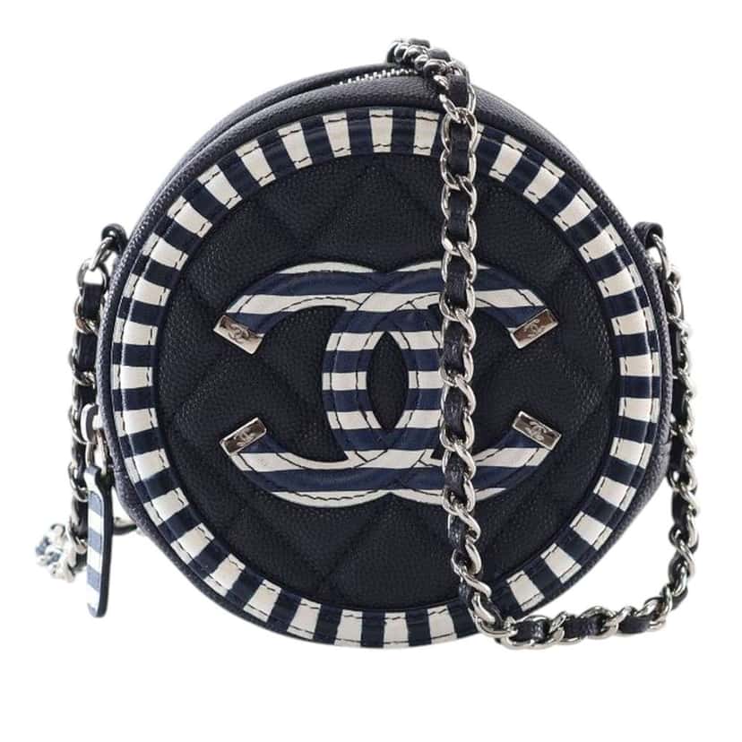 Chanel Caviar Striped CC Filigree Round Crossbody Blue Leather Good condition - Front View