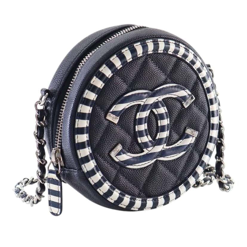 Chanel Caviar Striped CC Filigree Round Crossbody Blue Leather Good condition - Back View