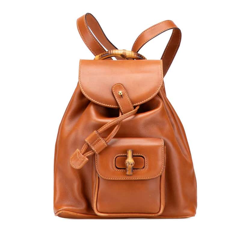 Gucci Leather Bamboo Drawstring Backpack Brown Leather Good condition - Front View