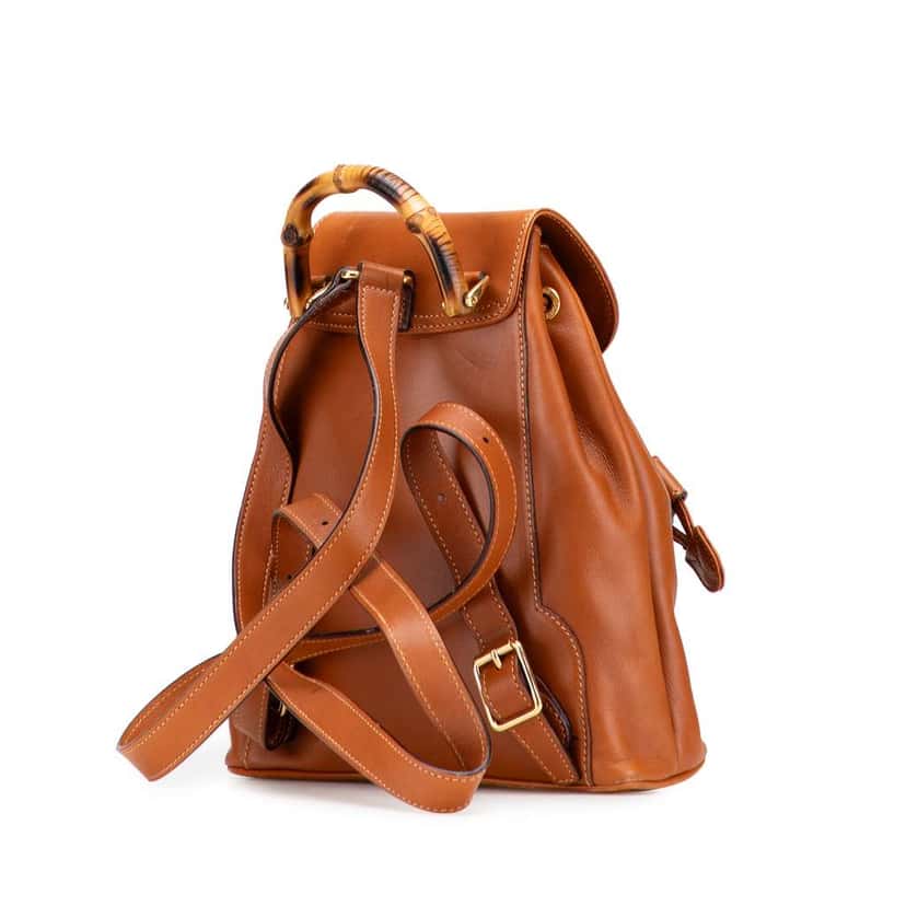 Gucci Leather Bamboo Drawstring Backpack Brown Leather Good condition - Back View