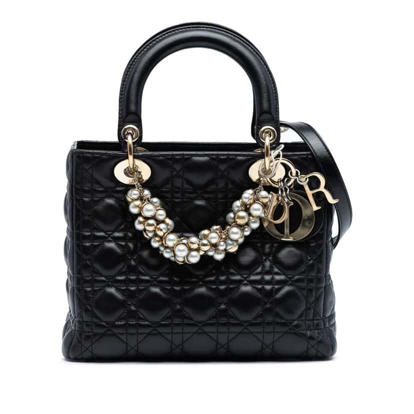 Dior Medium Lambskin Cannage Pearl Lady Dior Black Leather Good condition - Front View