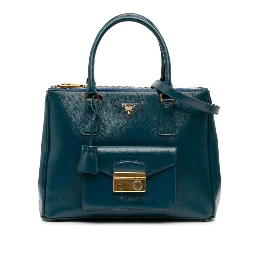 Prada Saffiano Vernice Galleria Double Zip Front Pocket Satchel Blue Leather Good condition - Front View