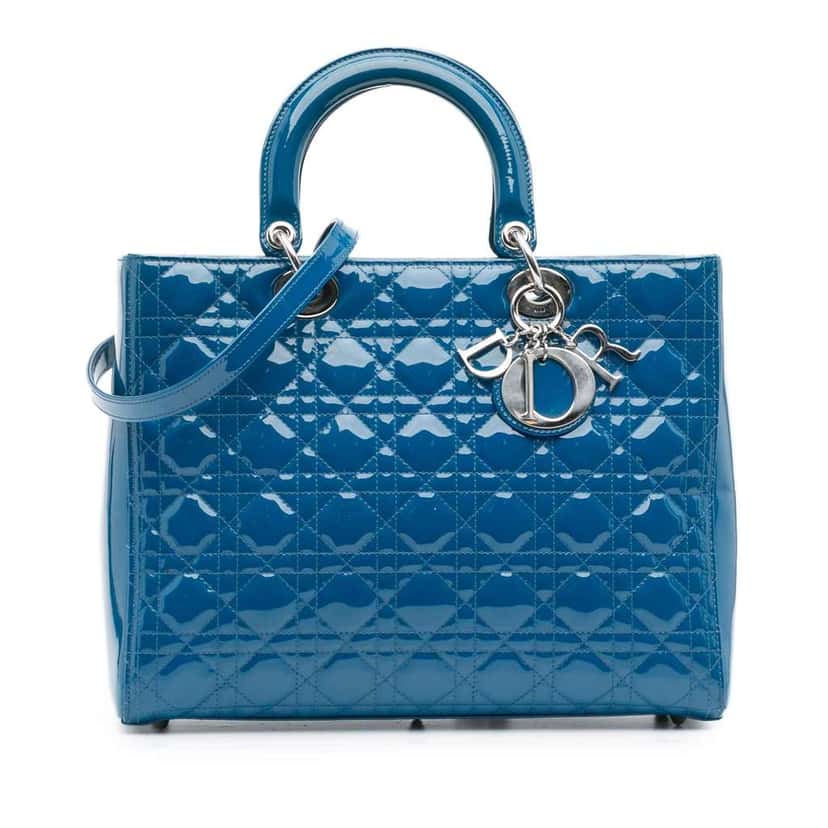 Dior Large Patent Cannage Lady Dior Blue Leather Good condition - Front View