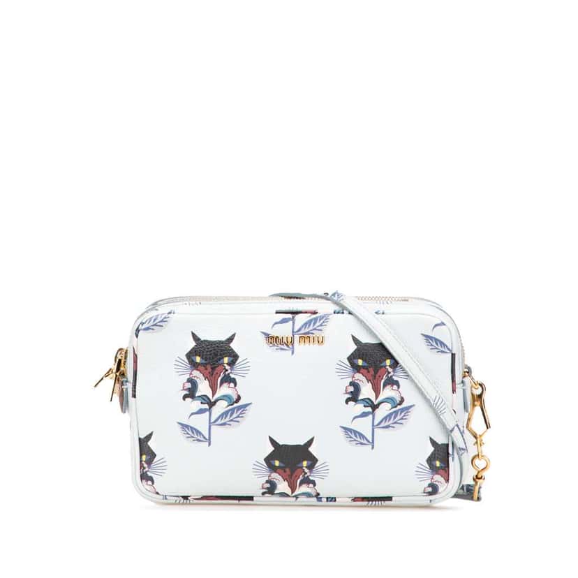 Miu Miu Goatskin Madras Cat Print Double Zip Crossbody Blue Leather Good condition - Front View
