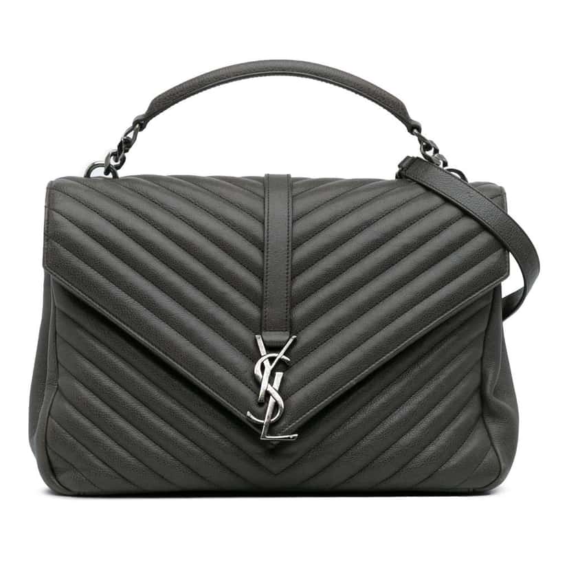 Saint Laurent Large Chevron Sheepskin Monogram College Bag Grey Leather Good condition - Front View