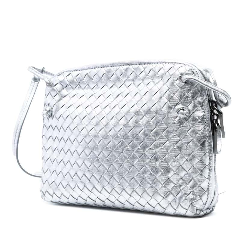 Bottega Veneta Metallic Nappa Intrecciato Nodini Crossbody Silver Leather Good condition - Back View