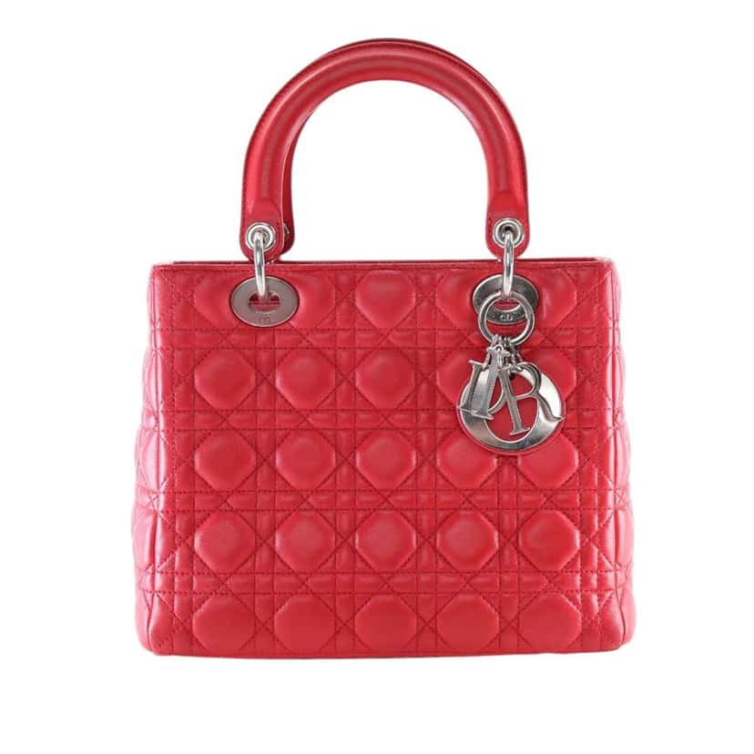 Dior Medium Lambskin Cannage Lady Dior Red Leather Good condition - Front View