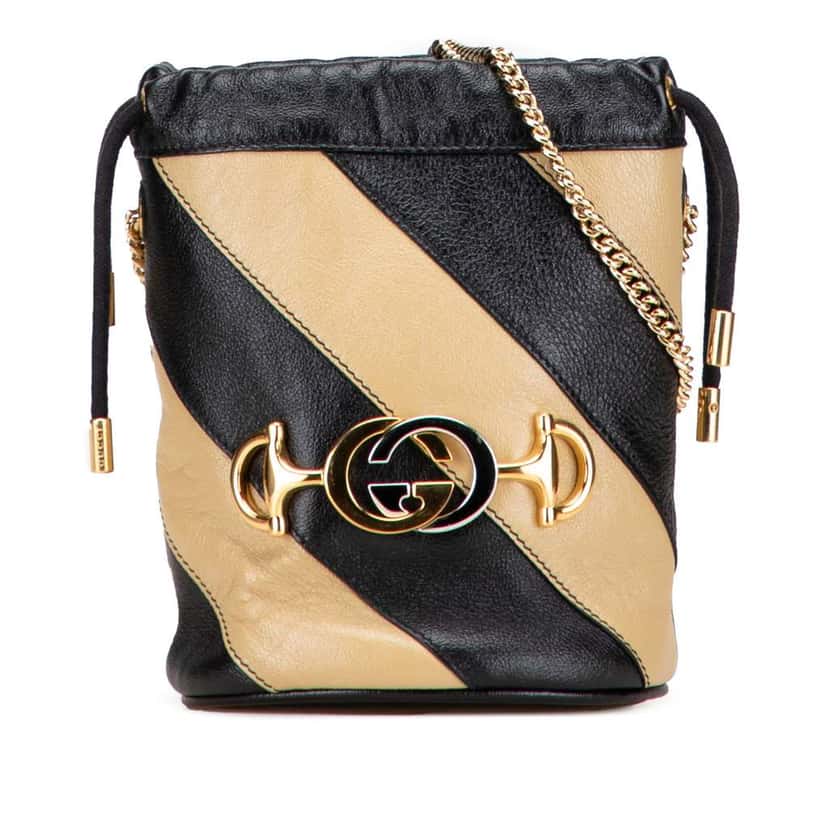 Gucci Mini Calfskin Diagonal Striped Zumi Bucket Bag Black Leather Good condition - Front View