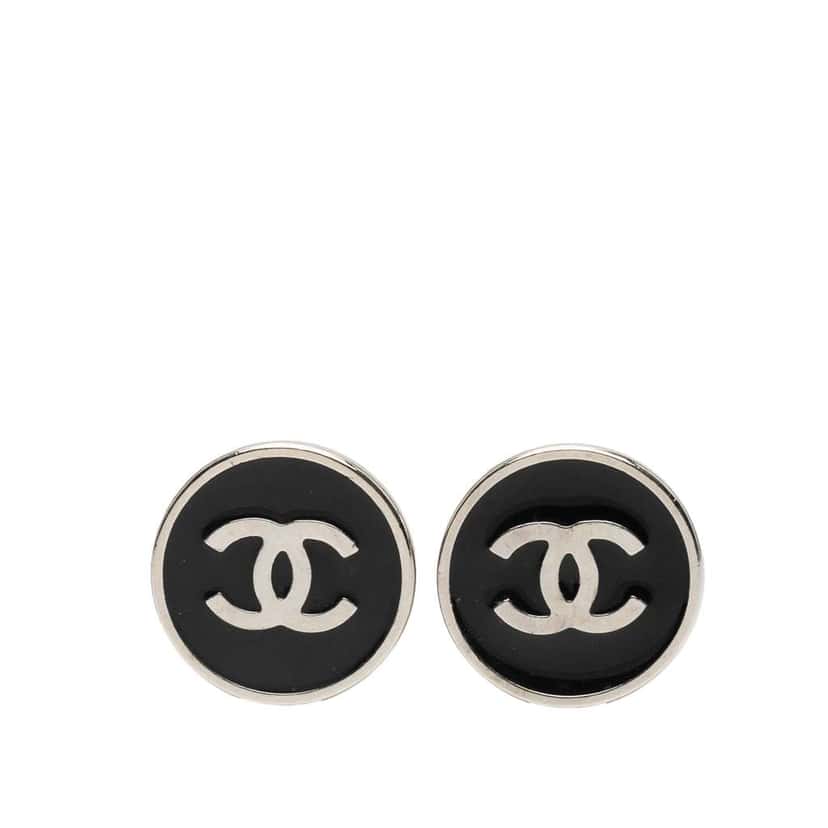Chanel Silver Plated and Enamel CC Round Button Clip On Earrings Black Good condition - Front View