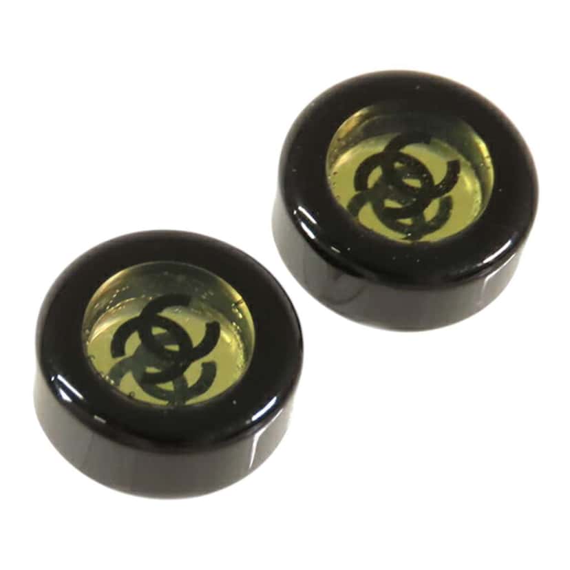 Chanel CC Resin and Gold Plated Stud Button Push Back Earring Black Good condition - Back View