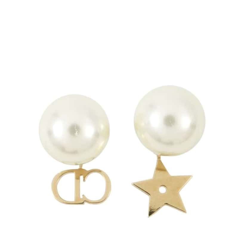 Dior Gold Plated Faux Pearl Logo and Star Tribales Drop Push Back Earrings White Good condition - Back View
