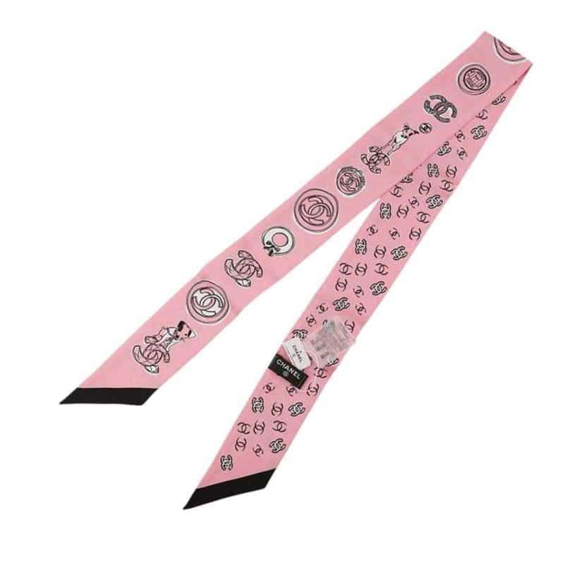 Chanel CC Printed Silk Slim Bandeau Scarf Pink Silk Good condition - Back View