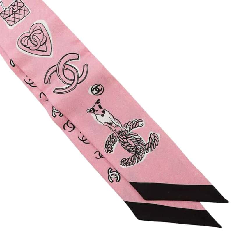 Chanel CC Printed Silk Slim Bandeau Scarf Pink Silk Good condition - Inside View
