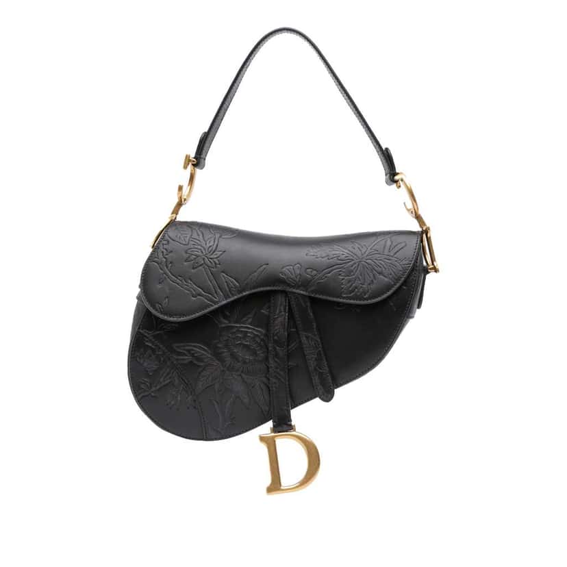 Dior Embossed Calfskin Jardin Botanique Saddle Bag Black Leather Good condition - Front View