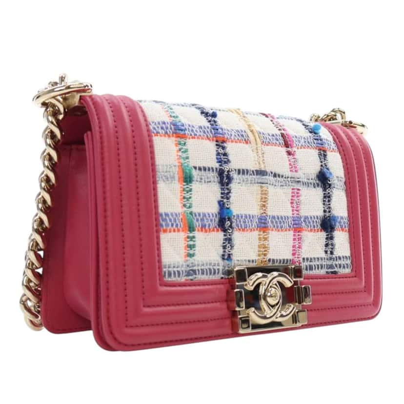 Chanel Small Tweed and Lambskin Boy Flap Pink Tweed Good condition - Back View