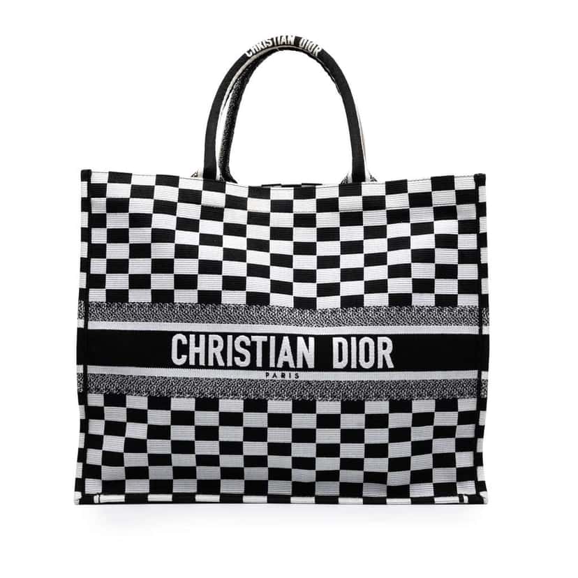 Dior Large Embroidered Canvas Checkered Book Tote White Canvas Good condition - Front View
