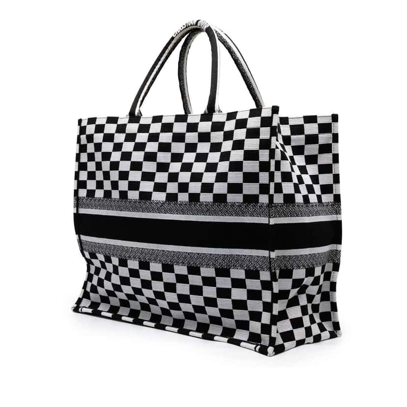 Dior Large Embroidered Canvas Checkered Book Tote White Canvas Good condition - Back View