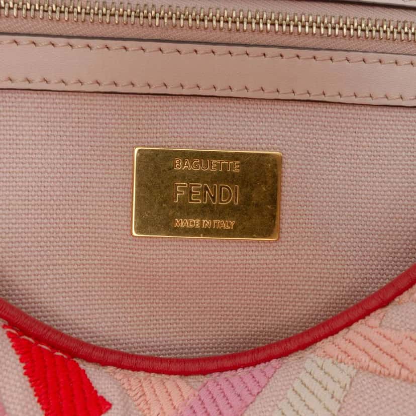 Fendi Zucca Embroidered Canvas Baguette Satchel Pink Canvas Good condition - Box View