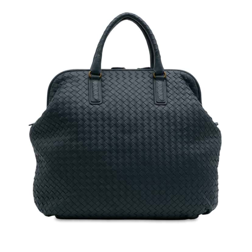 Bottega Veneta Nappa Intrecciato Frame Top Handle Bag Blue Leather Good condition - Front View