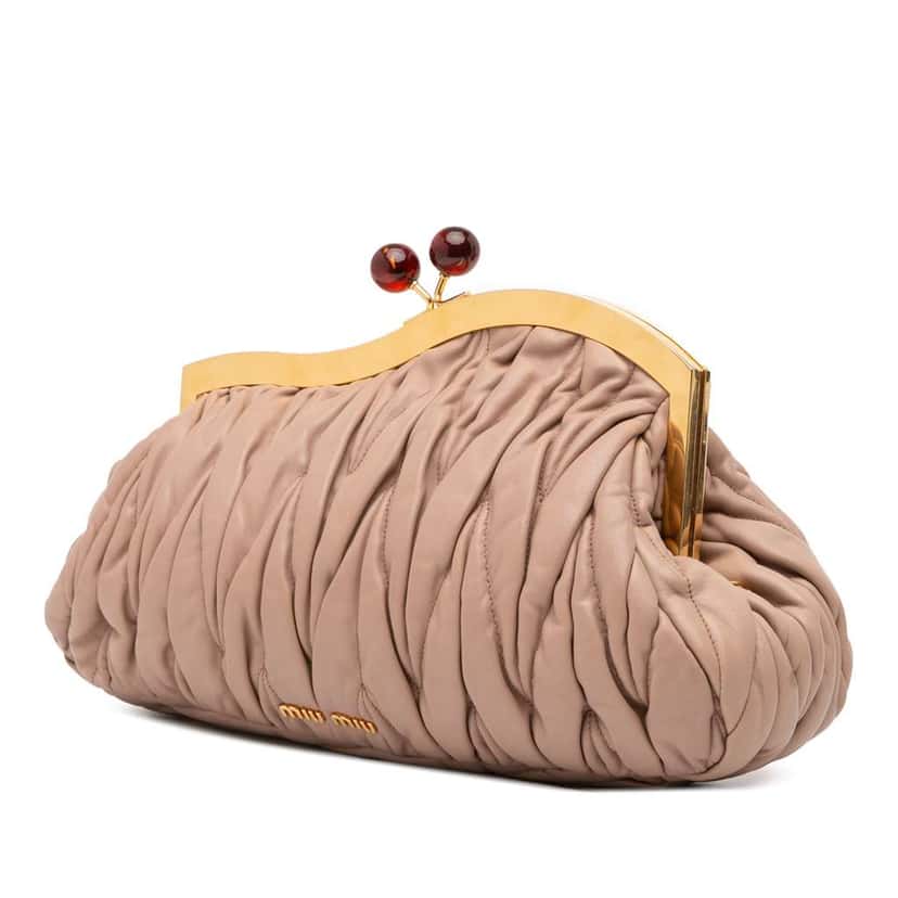 Miu Miu Matelasse Nappa Kiss Lock Clutch on Strap Brown Leather Good condition - Back View