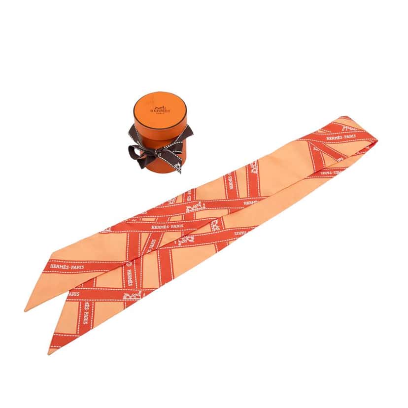 Hermès Bolduc Silk Twilly Scarf Orange Silk Very good condition - Box View
