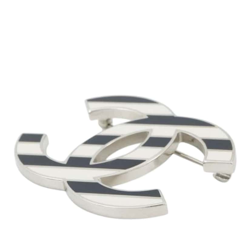 Chanel Enamel CC Striped Logo Brooch White Good condition - Back View