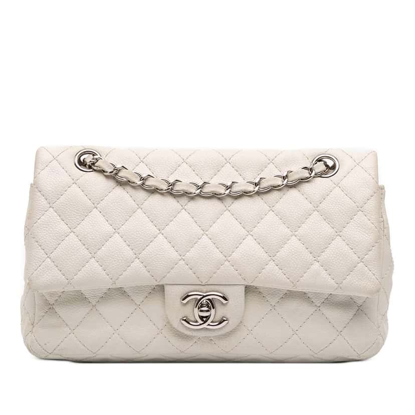 Chanel Medium Classic Caviar Double Flap White Leather Fair condition - Front View