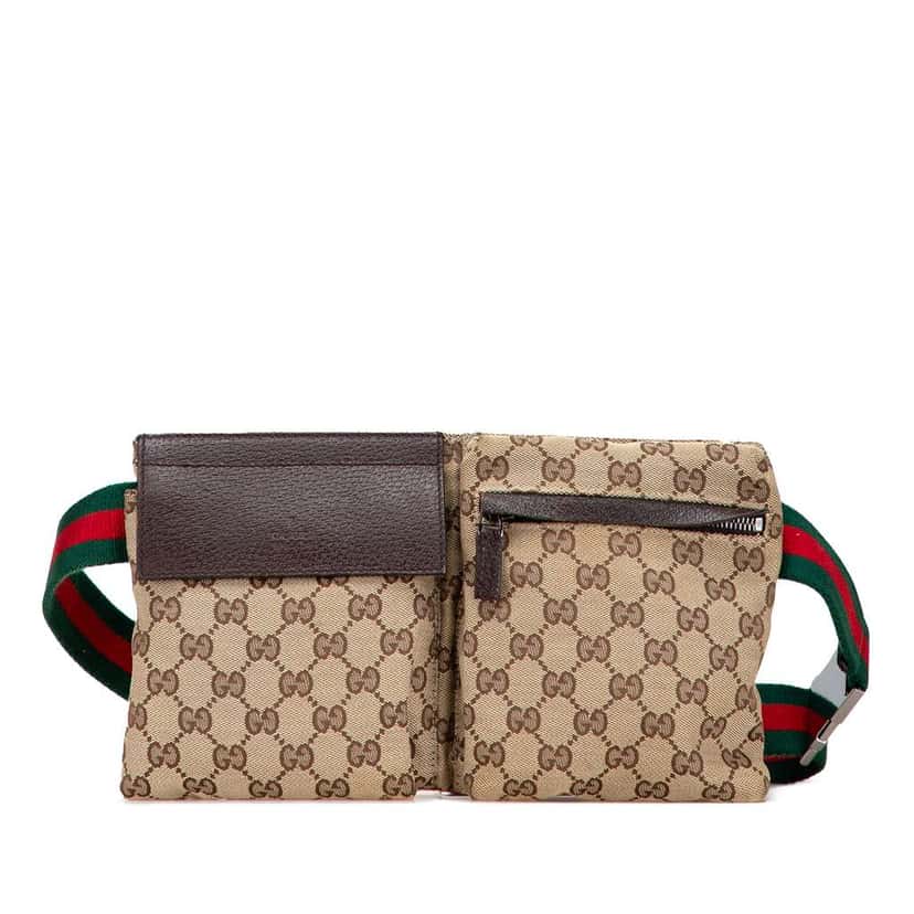 Gucci GG Canvas Web Double Pocket Belt Bag Brown Canvas Good condition - Front View