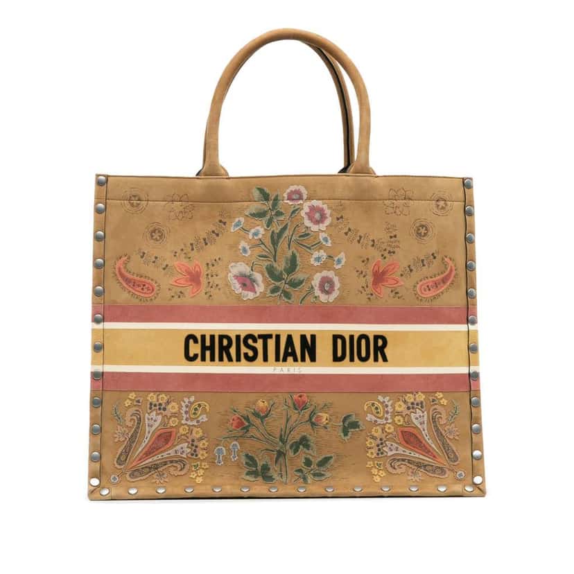 Dior Large Studded Embroidered Suede Floral Book Tote Brown Leather Good condition - Front View