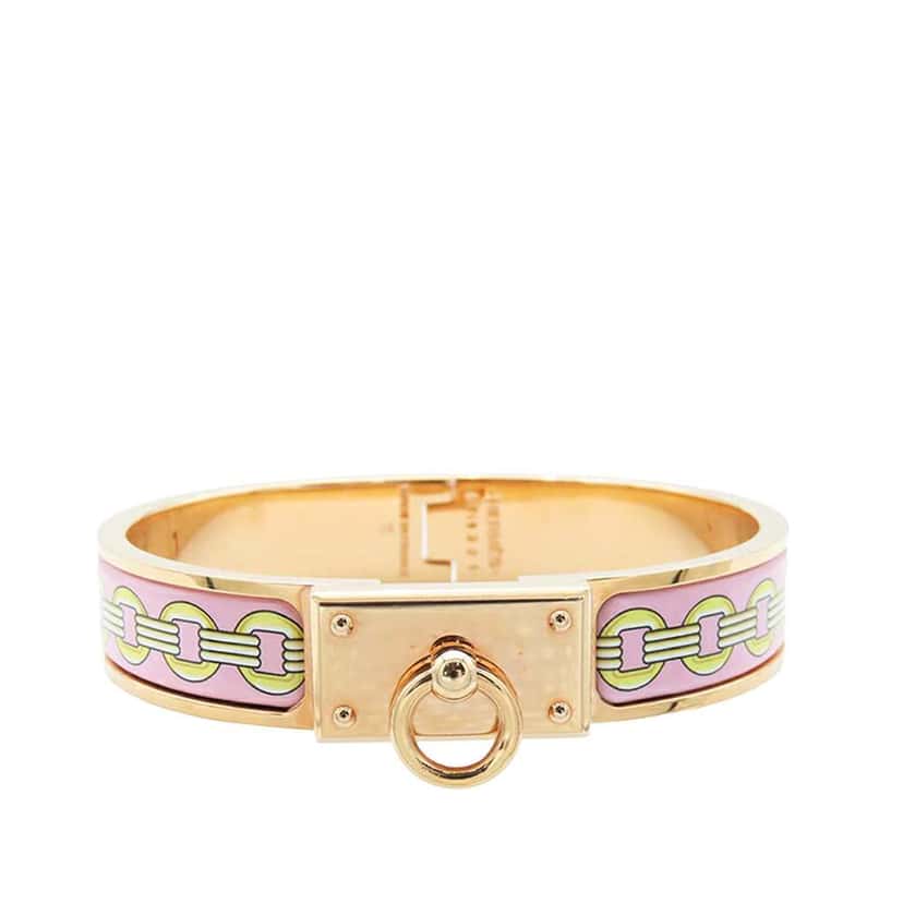 Hermès Enamel Clic Anneau Flots Fleures Et Frontaux Bracelet PM Pink Good condition - Front View