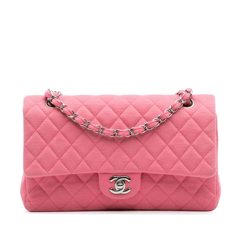 Chanel Medium Classic Jersey Double Flap Pink Cotton Good condition - Front View