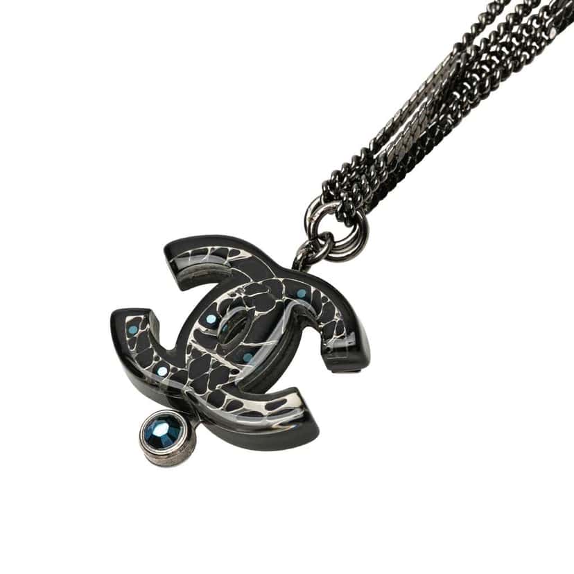 Chanel Ruthenium Resin Faux Pearl and Crystal Double Chain Necklace Black Brass Good condition - Box View