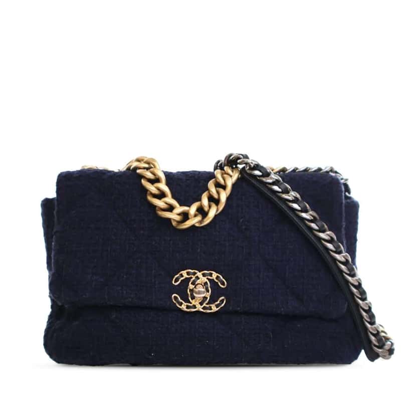 Chanel Large Tweed 19 Flap Blue Tweed Good condition - Front View