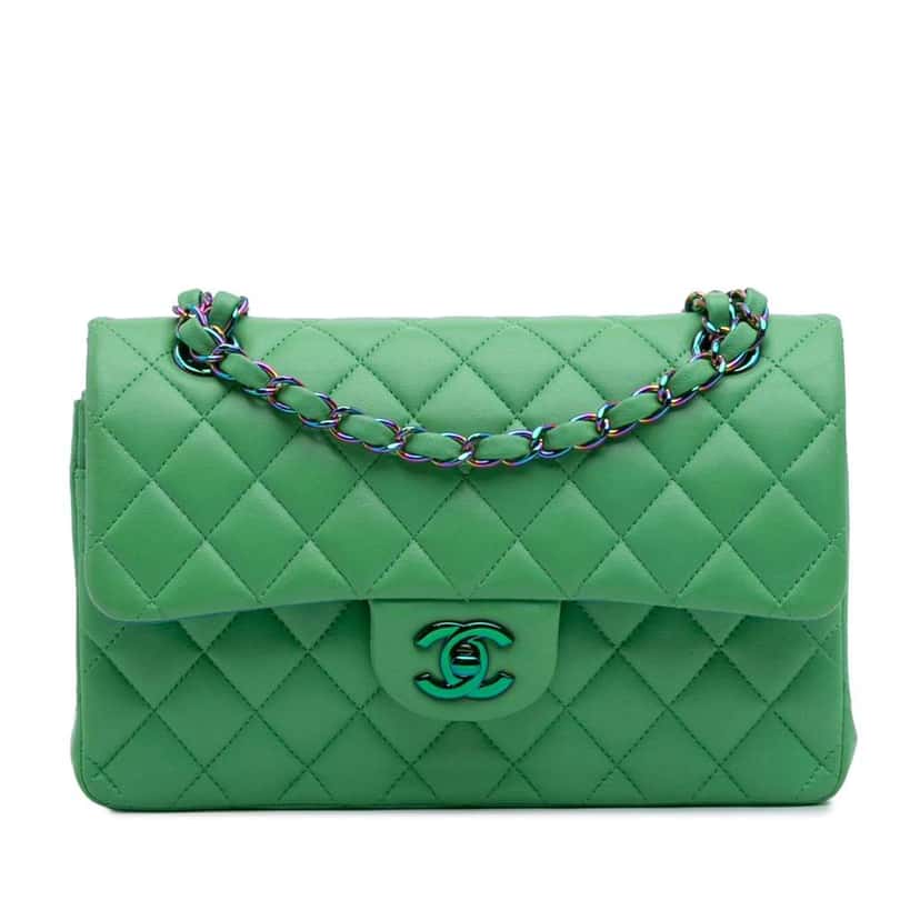 Chanel Small Classic Lambskin Rainbow Hardware Double Flap Green Leather Good condition - Front View