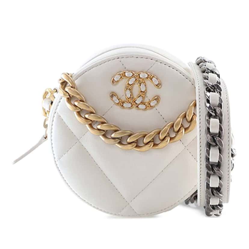 Chanel Lambskin 19 Round Clutch with Chain White Leather Good condition - Front View