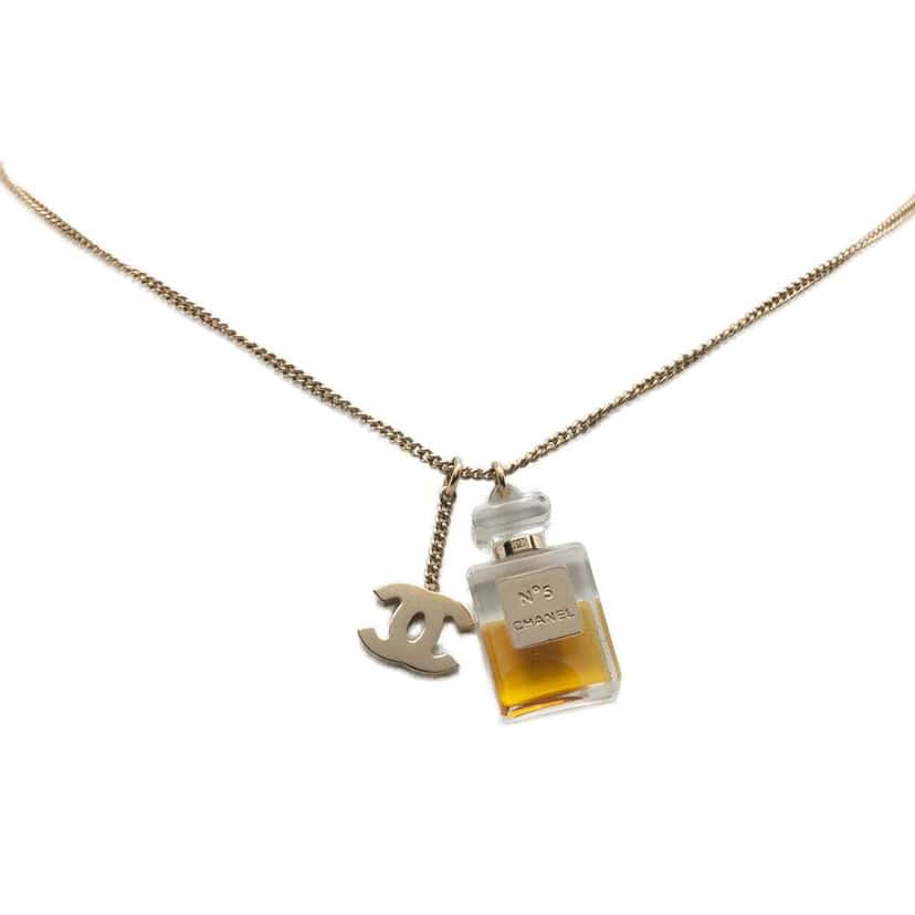 Chanel Gold Plated CC No.5 Perfume Bottle Pendant Necklace Gold Metal Good condition - Front View