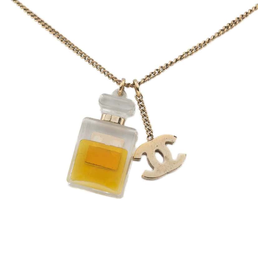 Chanel Gold Plated CC No.5 Perfume Bottle Pendant Necklace Gold Metal Good condition - Back View