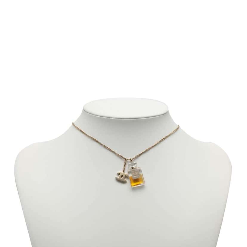 Chanel Gold Plated CC No.5 Perfume Bottle Pendant Necklace Gold Metal Good condition - Box View