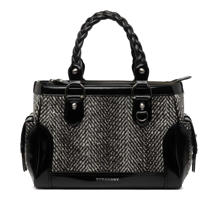 Burberry Leather Trimmed Wool Cargo Handbag Black Wool Good condition - Front View