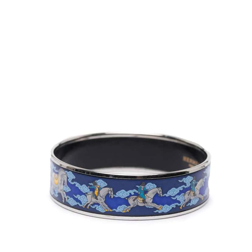Hermès Wide Enamel Horse Riding Motif Bangle Blue Good condition - Front View