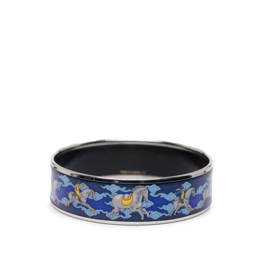 Hermès Wide Enamel Horse Riding Motif Bangle Blue Good condition - Back View
